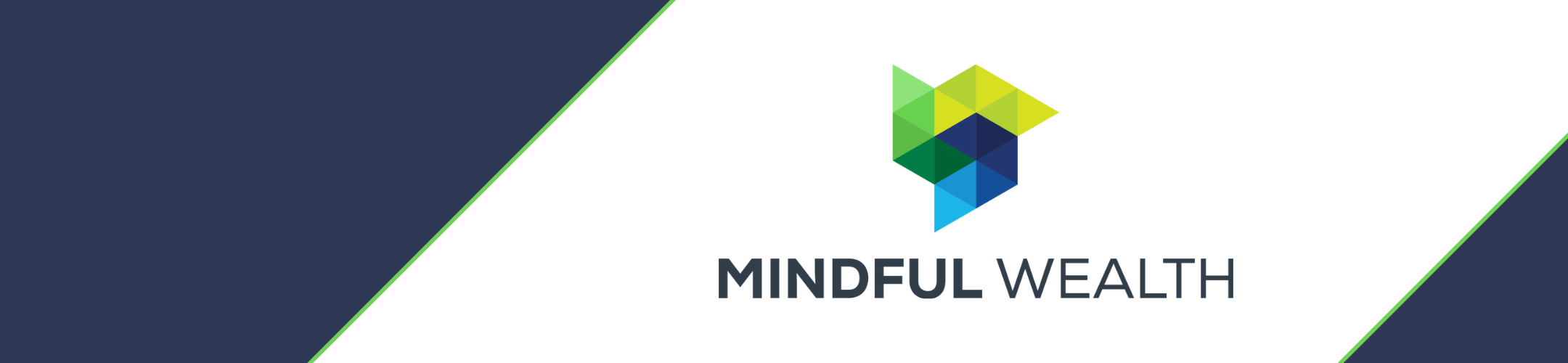 Logo for Mindful Wealth with geometric shapes in green, blue, and yellow above the company name on a white background bordered by dark blue and green diagonal stripes.