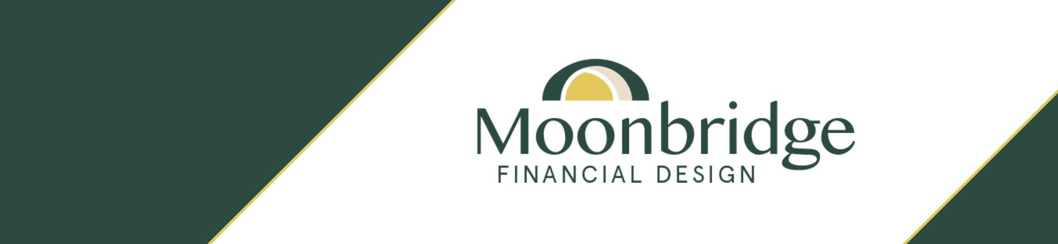 Logo for Moonbridge Financial Design, featuring a partial arch graphic above the company name on a white background with diagonal green and gold-edged borders on the left and right sides.