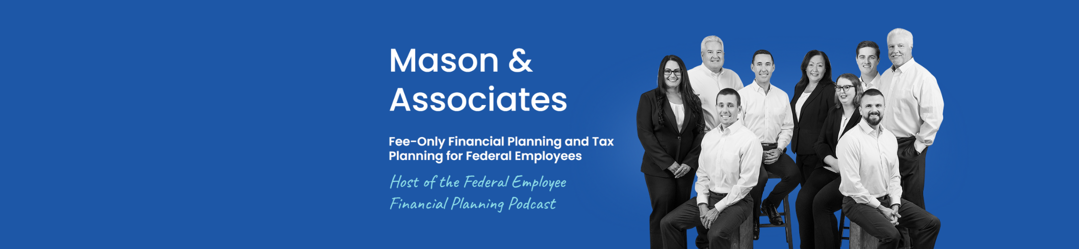 A group of eight professionally dressed people pose together, smiling, against a blue background with the text: 