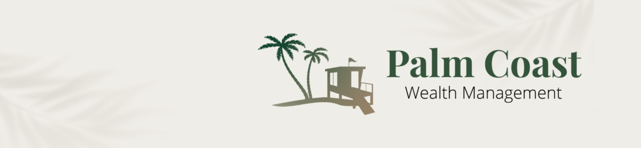 Logo for Palm Coast Wealth Management featuring two palm trees and a lifeguard tower silhouette in green, with the company name in green and gray text on a light background with subtle palm leaf patterns.