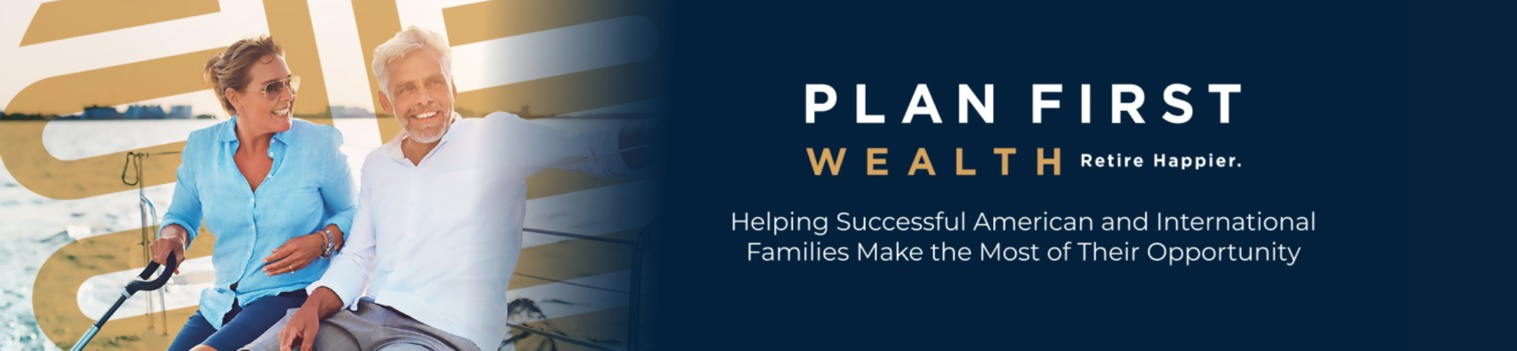 A smiling older couple sits together on a sailboat. Text reads: 