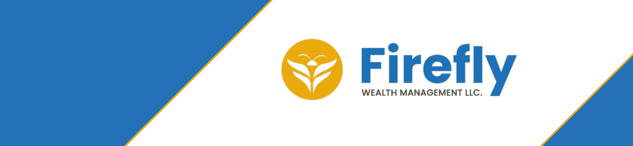 Logo for Firefly Wealth Management LLC, featuring a yellow circle with a white firefly icon, and the company name in blue text on a white background with blue diagonal borders.