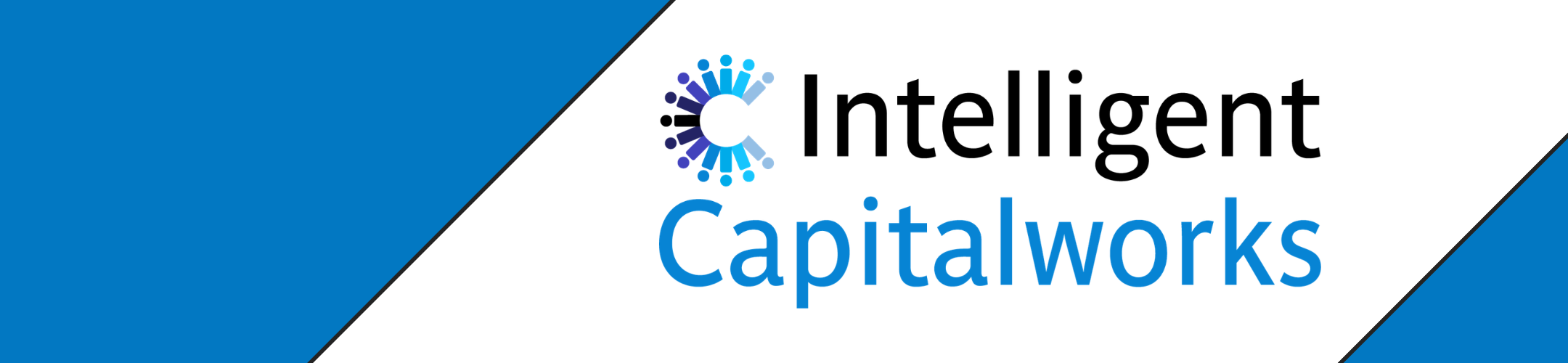 Logo for Intelligent Capitalworks featuring a stylized blue and purple circular icon to the left of the company name. The background has diagonal blue and white sections.