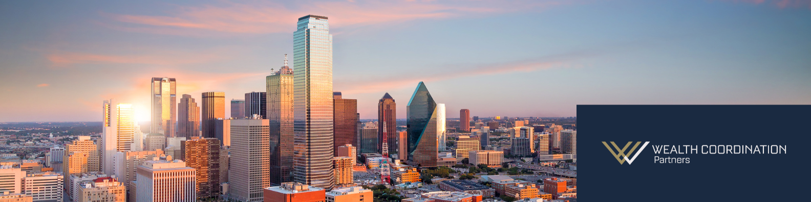 A panoramic view of downtown Dallas at sunset, featuring modern skyscrapers with sunlight reflecting off the buildings. In the bottom right corner, there is a blue box with the Wealth Coordination Partners logo and text.