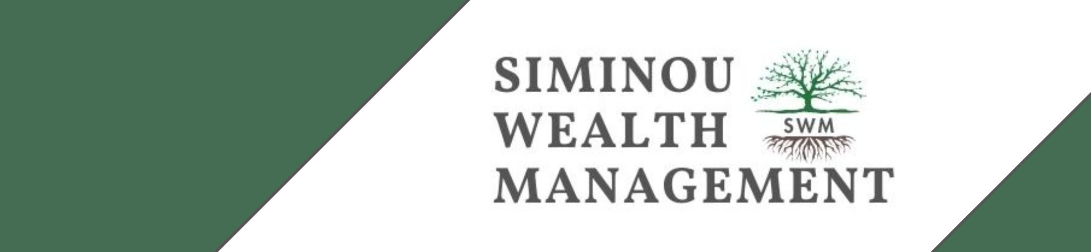 Logo for Siminou Wealth Management, featuring a green tree with visible roots and the initials “SWM” inside a box beneath the tree. The background is white with diagonal green accents.