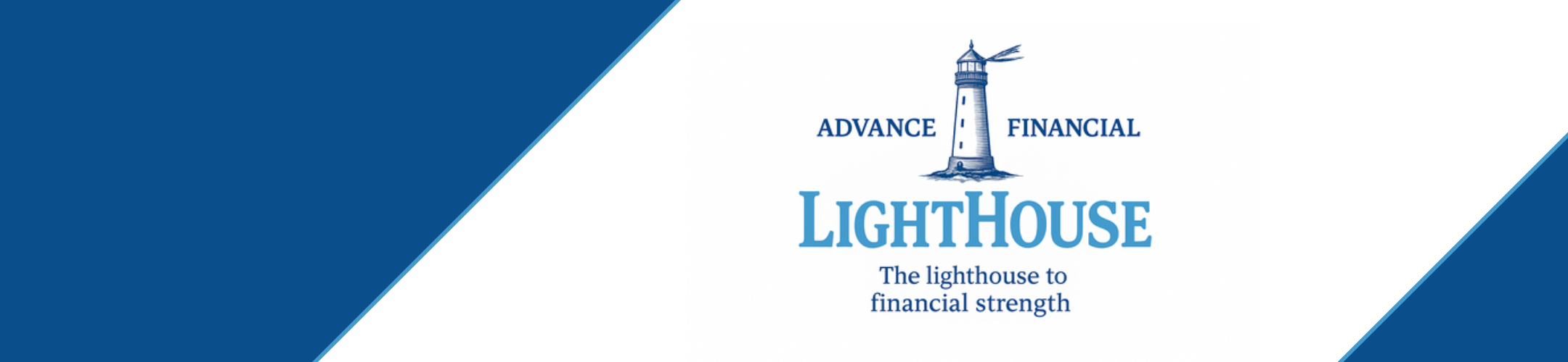 A blue and white banner featuring a lighthouse illustration with the text: 