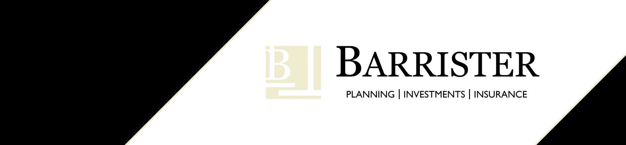 A modern banner with a black and white diagonal design featuring the Barrister logo, the initials 