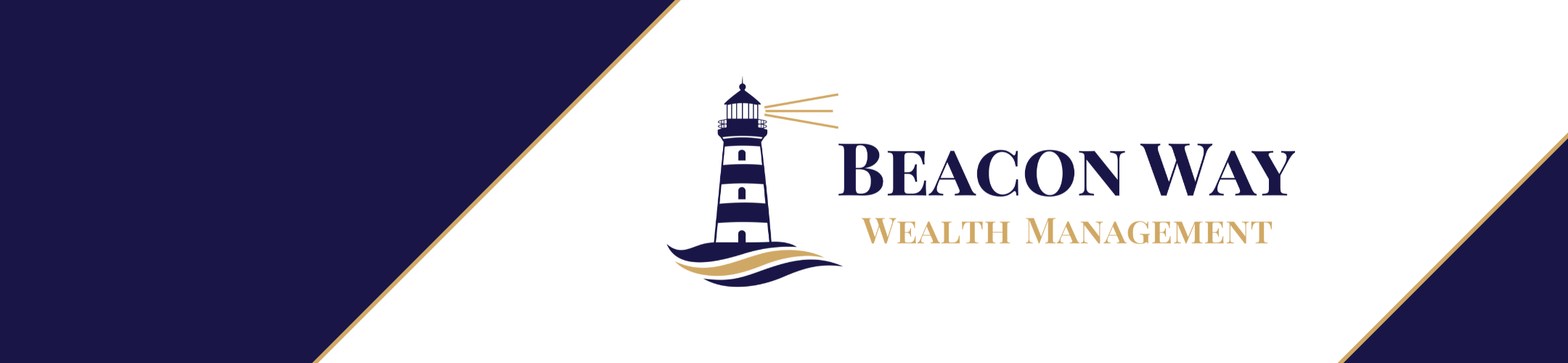 Logo for Beacon Way Wealth Management featuring a navy-blue lighthouse with light beams, navy and gold waves, and the company name in navy and gold text on a white and navy geometric background.