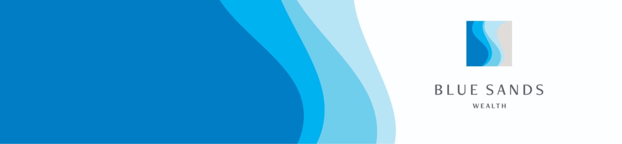 Abstract blue wave design on the left; on the right, a square logo with blue, teal, and gray curves above the text 
