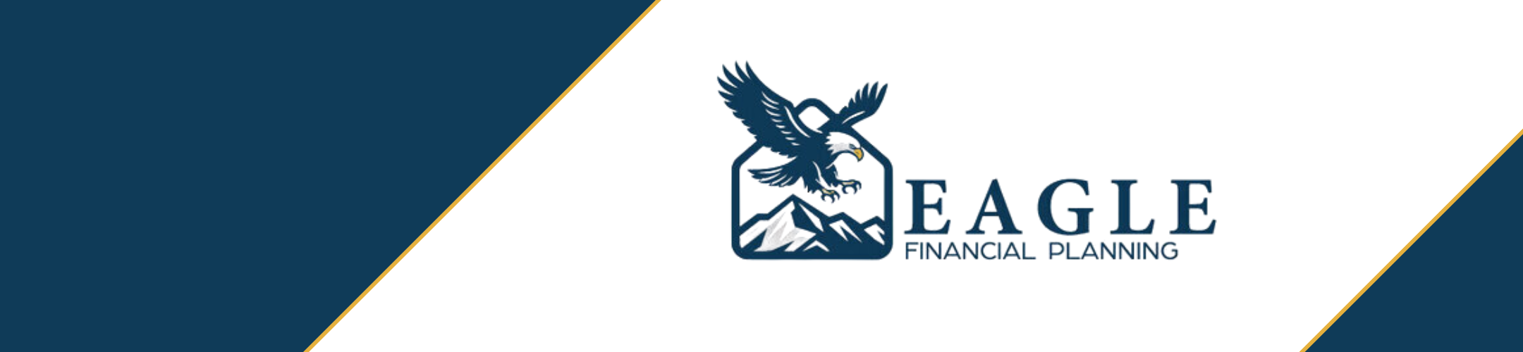 A logo for Eagle Financial Planning featuring a flying eagle above mountains, with the company name beside it. The design uses blue and white colors with gold diagonal borders.