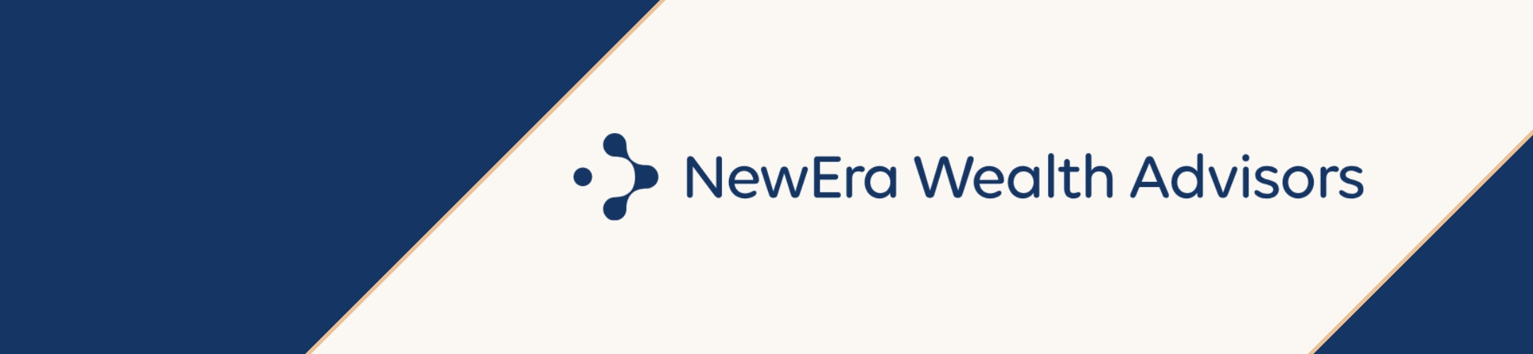 Logo for NewEra Wealth Advisors on a background with diagonal navy and cream sections, featuring a navy abstract symbol to the left of the company name in navy text.
