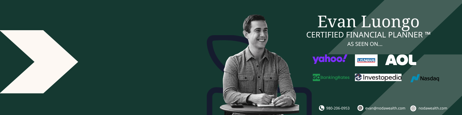 A man smiles while sitting at a desk with a pen and paper. Text reads 