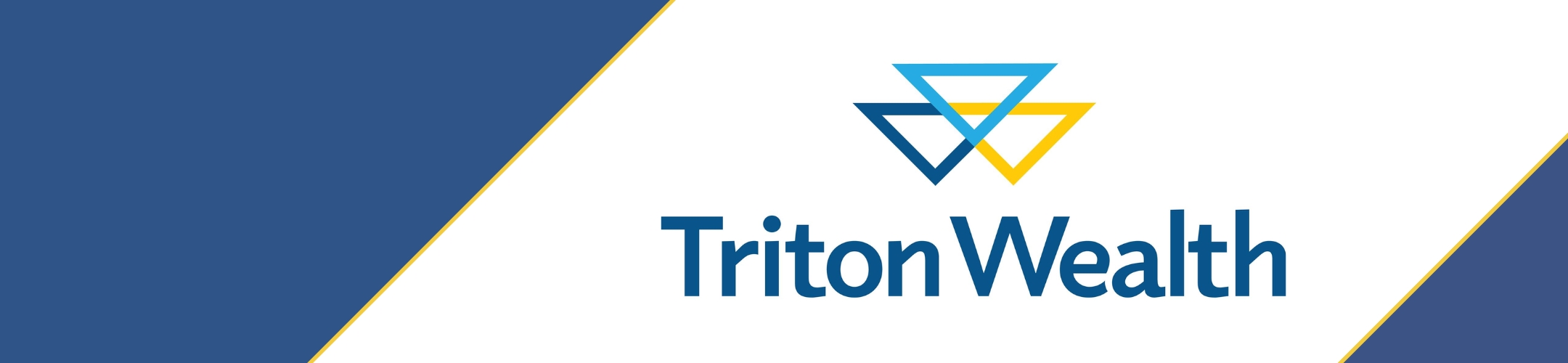 Triton Wealth logo with three overlapping triangles in blue and yellow on a white background, bordered by blue diagonal sections with thin yellow lines.