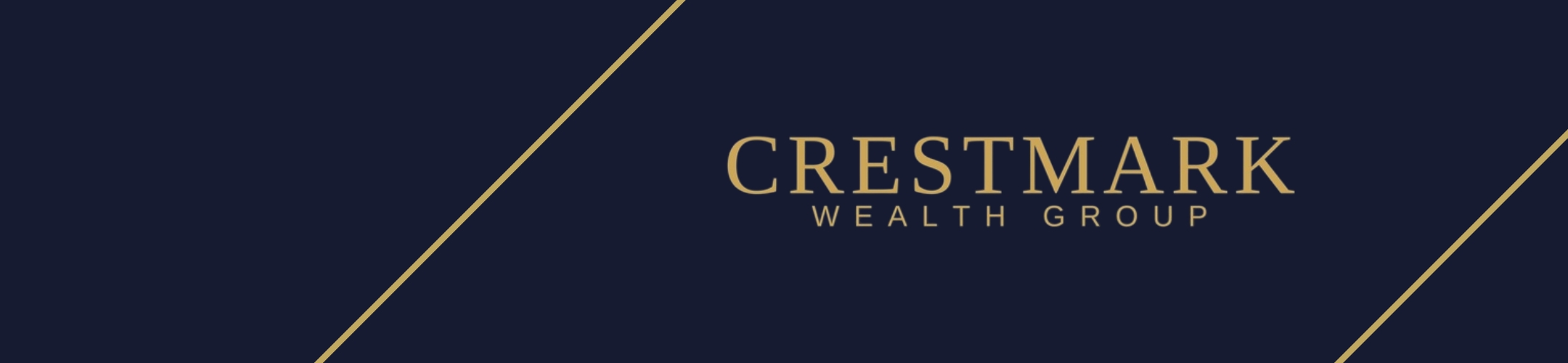 Dark blue banner with two diagonal gold lines framing the gold text 