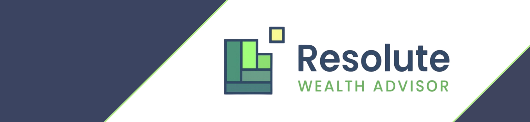 Logo for Resolute Wealth Advisor featuring green geometric shapes and text. 