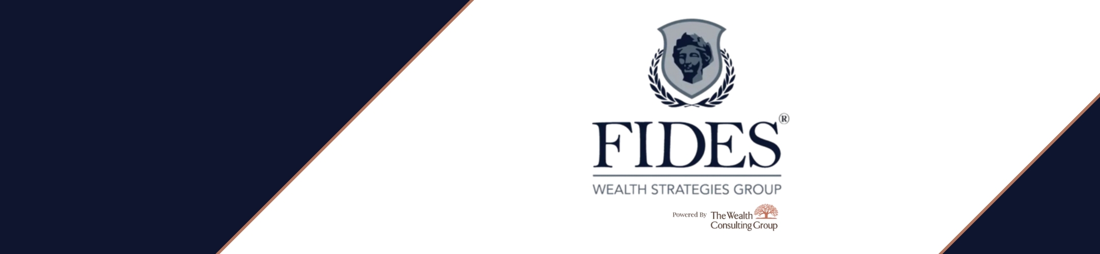 FIDES Wealth Strategies Group logo with a lion crest in the center, navy diagonal borders, and a small “Presented by The Wealth Consulting Group” text below the main logo.