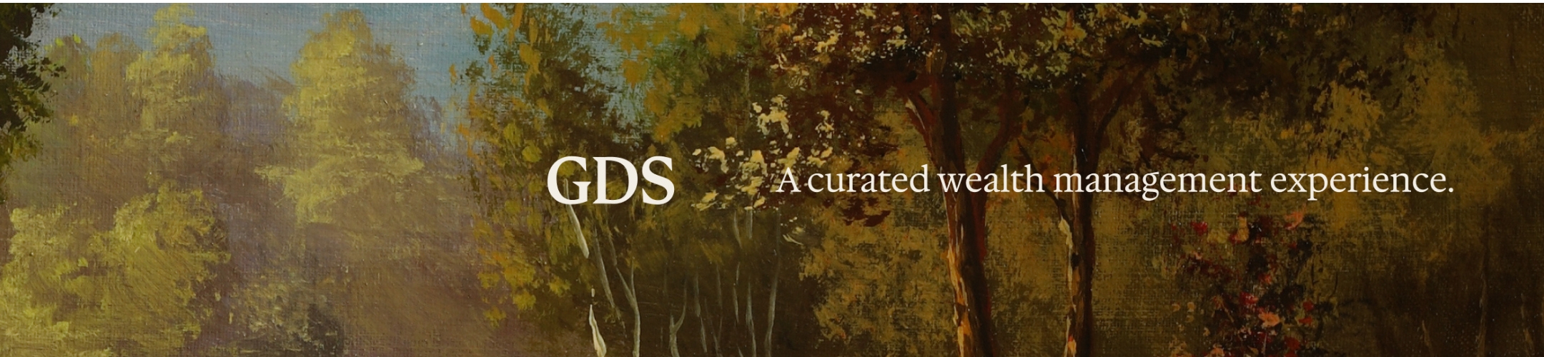A classic landscape painting of trees with dappled sunlight, overlaid with the text 
