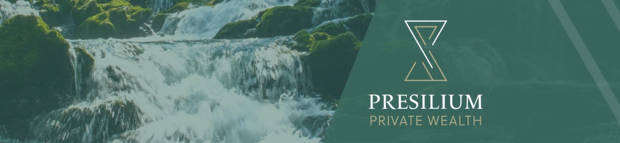 A waterfall with green mossy rocks is partially covered by a green overlay featuring the Presilium Private Wealth logo and text.