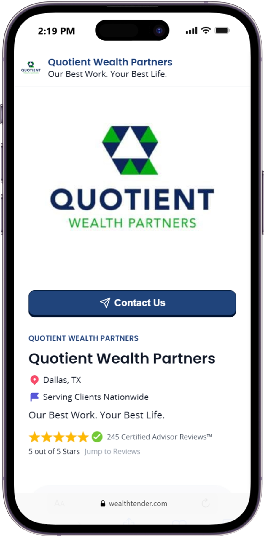 Quotient Wealth Partners firm profile on a mobile phone showing a 5 out of 5 star rating with 245 Certified Advisor Reviews