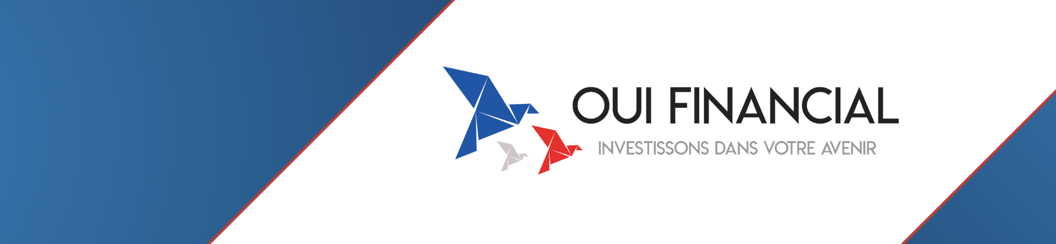 Oui Financial logo with three origami birds in blue, gray, and red. The tagline “Investissons dans votre avenir” appears below the company name, with a diagonal blue and white background design.