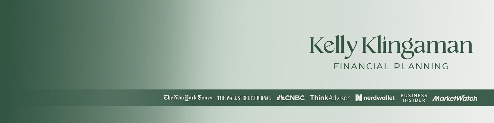 Kelly Klingaman Financial Planning logo on a green gradient background, with media logos below including The New York Times, CNBC, NerdWallet, and MarketWatch.