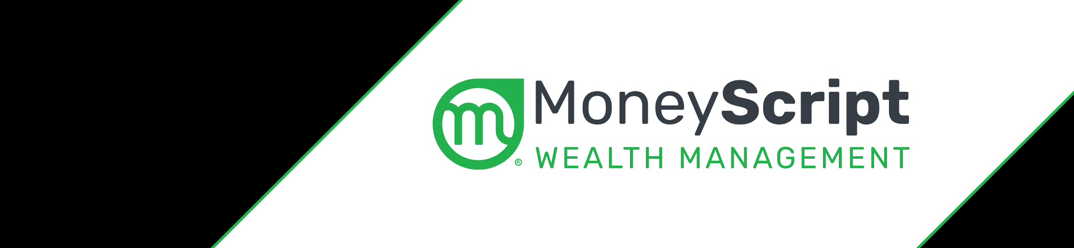 MoneyScript Wealth Management logo with a green “m” inside a speech bubble icon, and the company name in bold gray and green text on a white background with black and green diagonal borders.