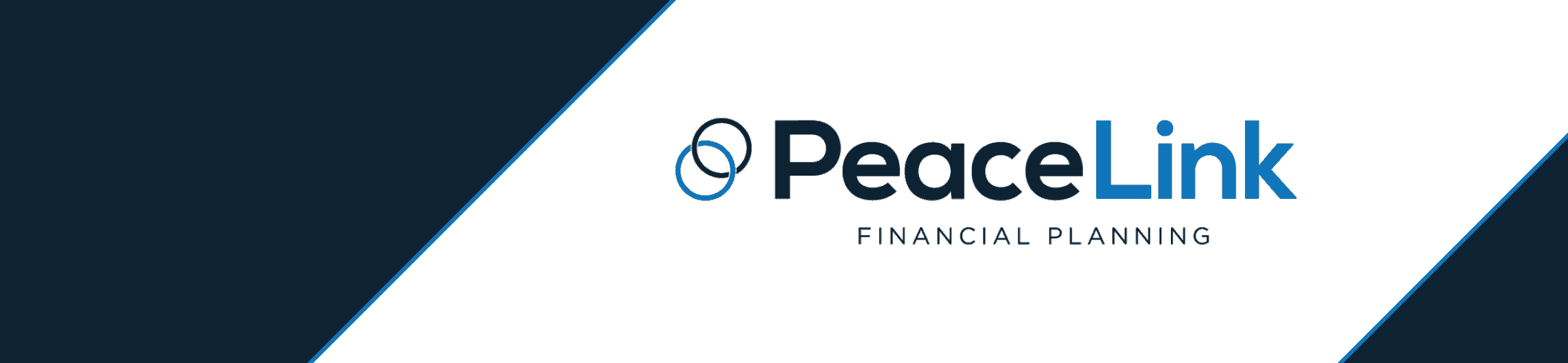 PeaceLink Financial Planning logo with blue and black text on a white background, flanked by diagonal navy blue sections. A circular abstract icon is to the left of the company name.