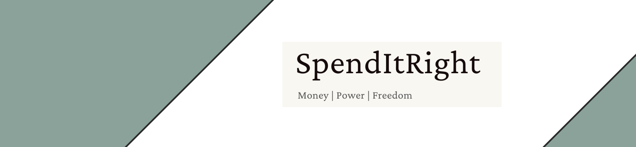 Diagonal green and white background with a centered box displaying “SpendItRight” and the words “Money | Power | Freedom” underneath.