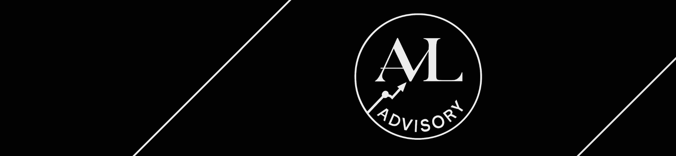 Black background with two diagonal white lines; a circular logo on the right contains the large white letters “AL” above a zigzag arrow and the word “ADVISORY” curved along the bottom of the circle.