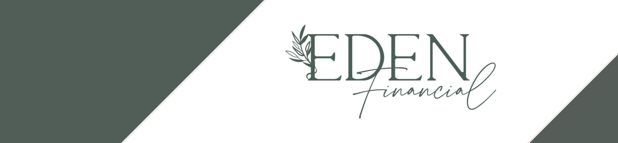 Logo for Eden Financial, featuring stylized text with a leafy branch illustration on a diagonal green and white background.
