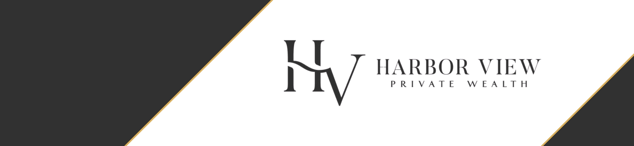Logo for Harbor View Private Wealth featuring stylized letters “HV” with black and white diagonal background and thin gold lines separating the colors.