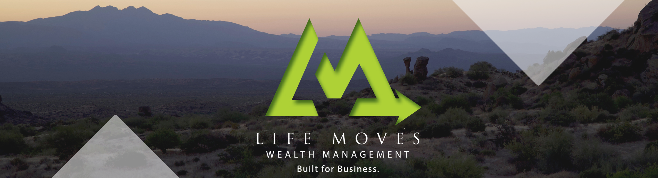 Logo for Life Moves Wealth Management with green overlapping “M” design over a landscape at dusk. Text reads: “LIFE MOVES WEALTH MANAGEMENT. Built for Business.”.
