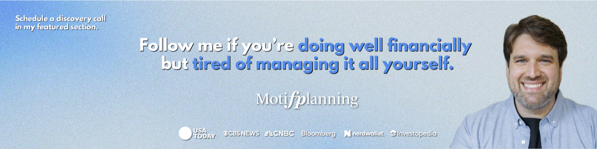 A smiling man stands next to text that reads: “Follow me if you’re doing well financially but tired of managing it all yourself.” The background is blue with logos of media outlets at the bottom.