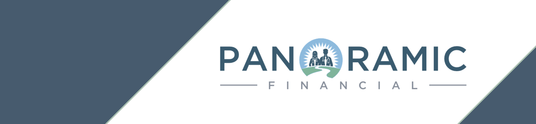Panoramic Financial logo with blue and green sunrise, silhouette of people and buildings, and geometric blue and white background.