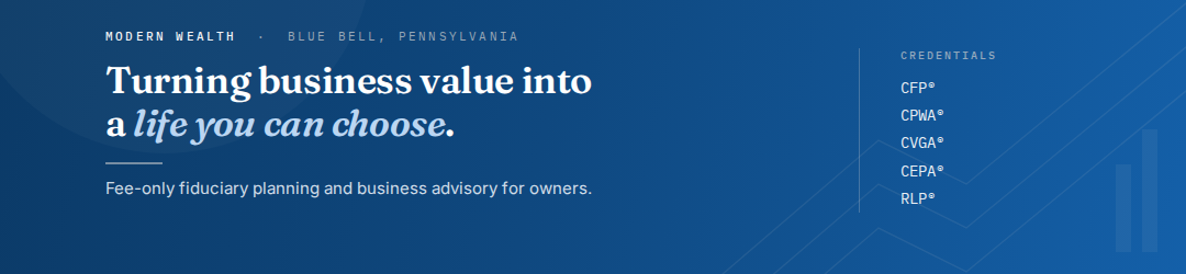 Blue business banner reading “Turning business value into a life you can choose” with a list of credentials and location: Blue Bell, Pennsylvania. Graph lines appear faintly on the right side.