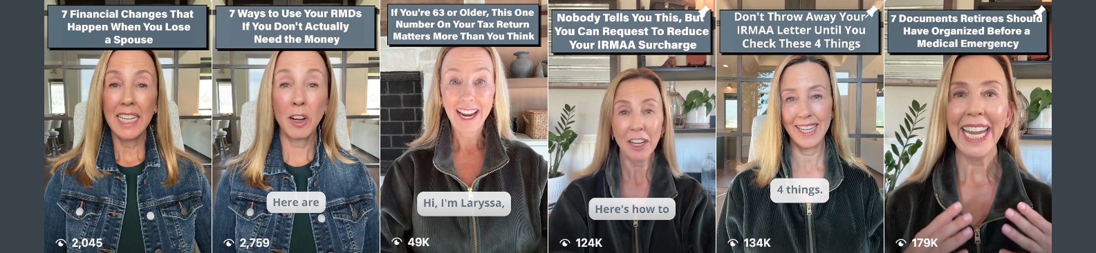 A woman presents seven different video topics related to financial advice and retirement tips. Each video has a title and view count, and she speaks directly to the camera in a home setting.