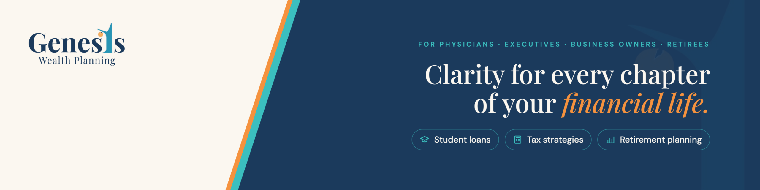 Genesis Wealth Planning banner featuring the text “Clarity for every chapter of your financial life” and buttons for student loans, tax strategies, and retirement planning.