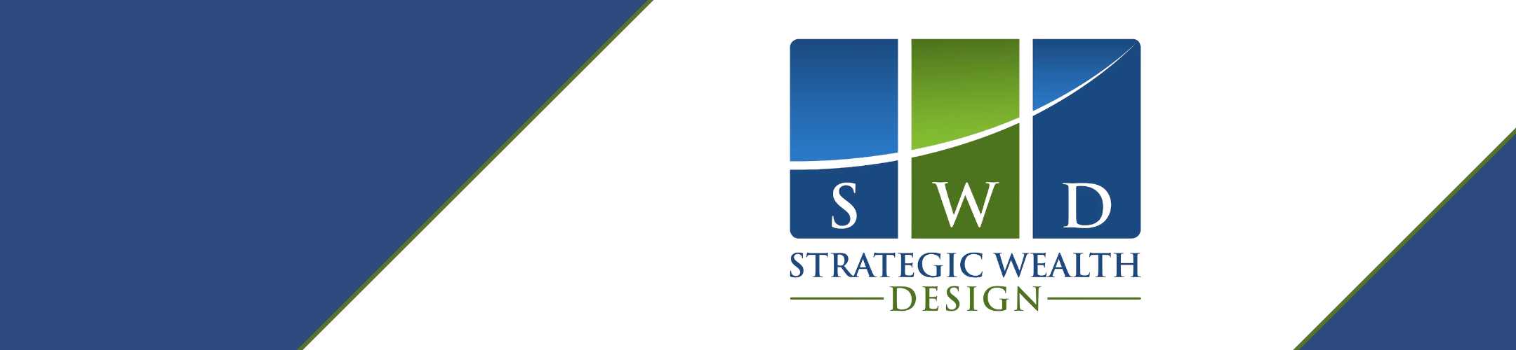 Logo for Strategic Wealth Design, featuring the letters S, W, and D centered in blue and green rectangular blocks, with a white swooping arc cutting across the top.
